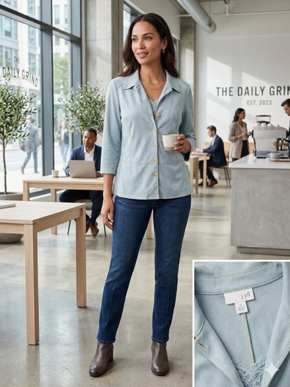 J Jill LP Powder Blue Faux Suede Button Down Long Sleeve Collared Peplum Hem Top